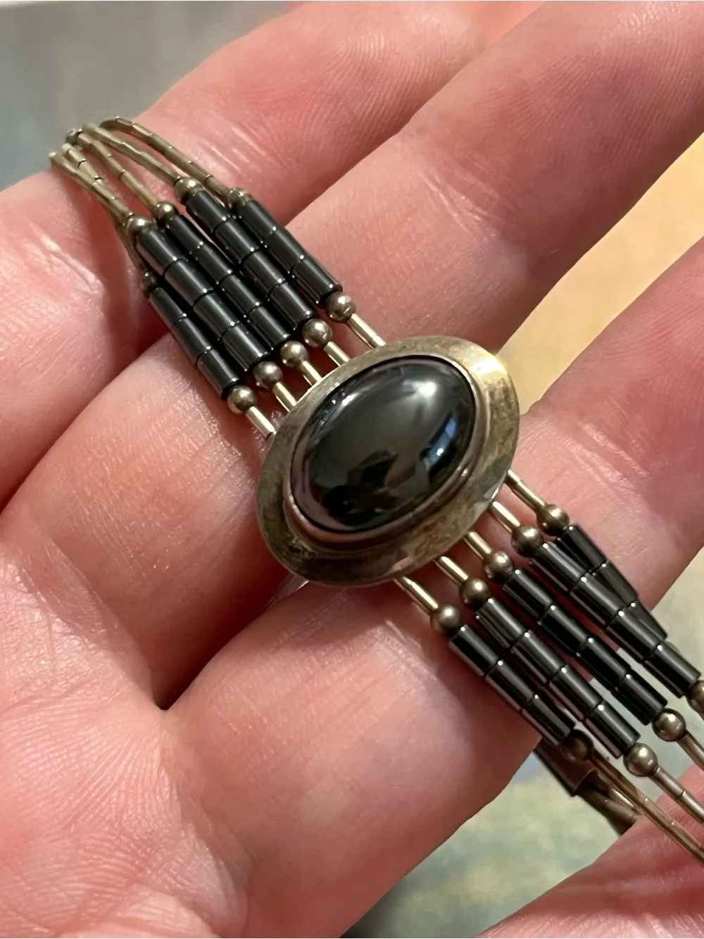 Vintage Navajo Artisan Made Sterling Liquid Silver Hematite Bracelet 925